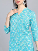 Ahika Women Turquoise Blue Ethnic Motifs Printed Pure Cotton Kurta With Trousers