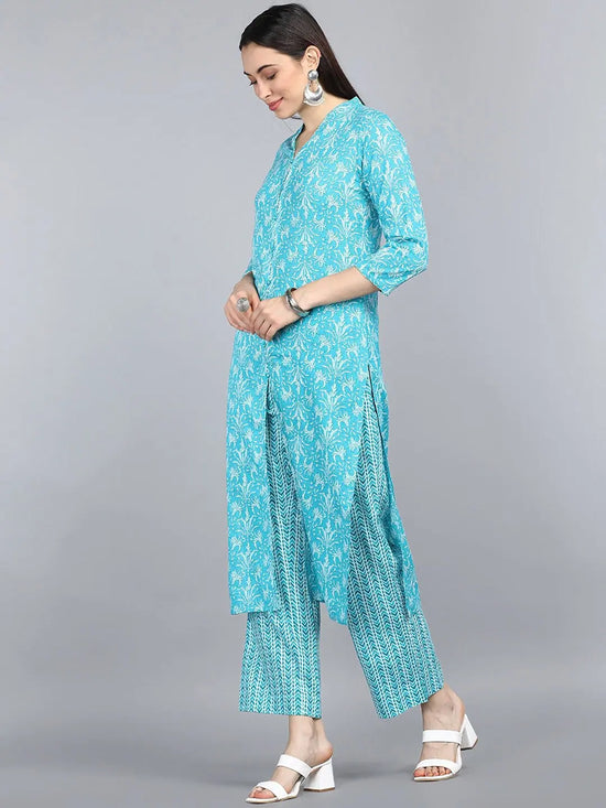 Ahika Women Turquoise Blue Ethnic Motifs Printed Pure Cotton Kurta With Trousers