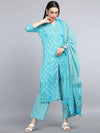 Ahika Women Turquoise Blue Ethnic Motifs Printed Pure Cotton Kurta With Trousers