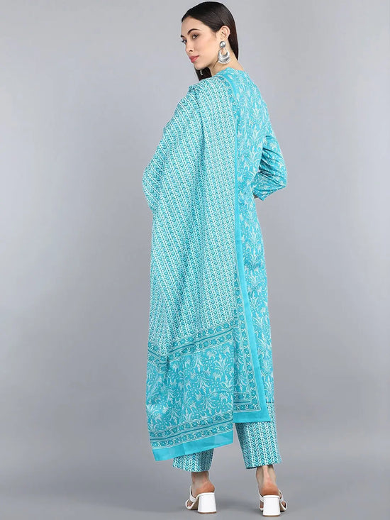 Ahika Women Turquoise Blue Ethnic Motifs Printed Pure Cotton Kurta With Trousers