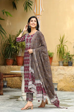 Ahika Women Cotton Burgundy Ethnic Motifs Printed Straight Kurta Pant Dupatta Set