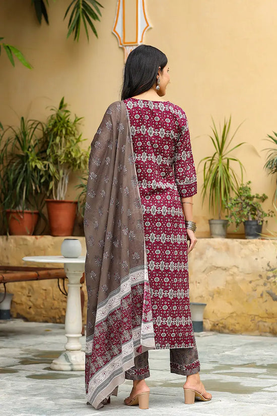 Ahika Women Cotton Burgundy Ethnic Motifs Printed Straight Kurta Pant Dupatta Set