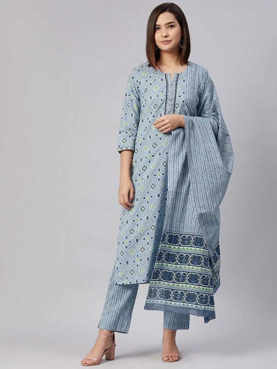 Ahika Women Cotton Blue Geometric Printed Straight Kurta Pant Dupatta Set