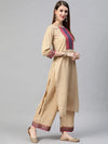 Ahika Women Cotton Beige Solid Printed Straight Kurta Pant Dupatta Set