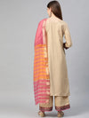 Ahika Women Cotton Beige Solid Printed Straight Kurta Pant Dupatta Set