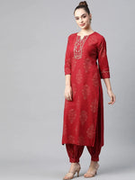 Ahika Women Cotton Red Embroidered Work Straight Kurta Pant Dupatta Set