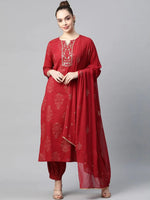 Ahika Women Cotton Red Embroidered Work Straight Kurta Pant Dupatta Set