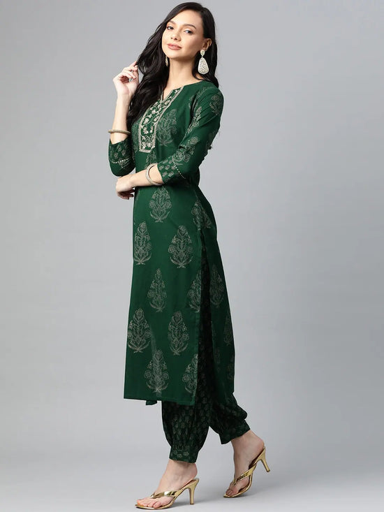 Ahika Women Green Gold Ethnic Print Sequin Detail Cotton Kurta With Trousers Dupatta