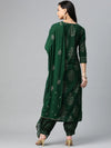 Ahika Women Green Gold Ethnic Print Sequin Detail Cotton Kurta With Trousers Dupatta