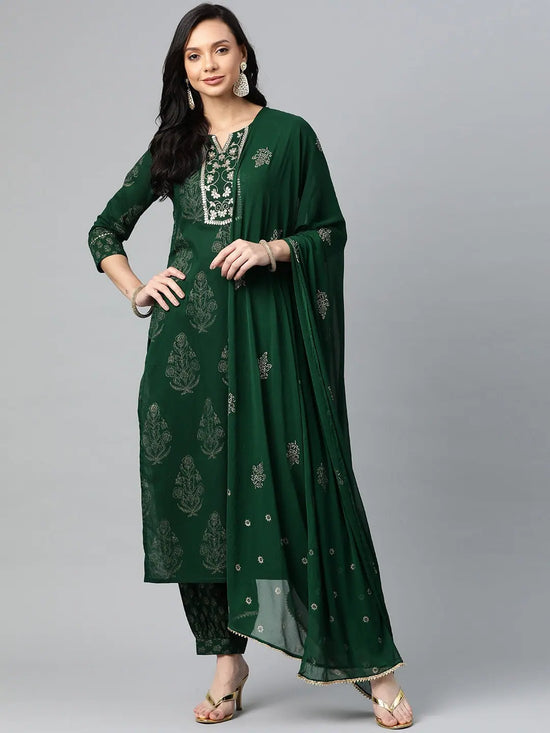 Ahika Women Green Gold Ethnic Print Sequin Detail Cotton Kurta With Trousers Dupatta