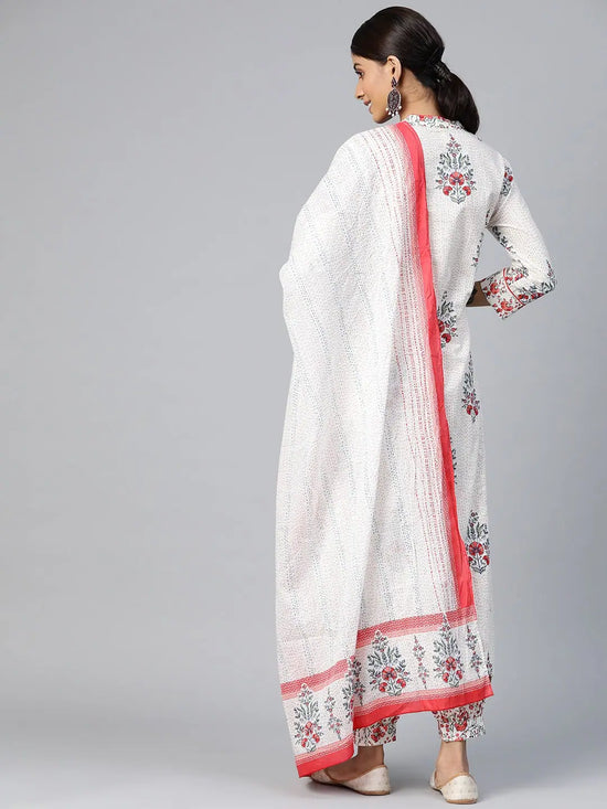 Ahika Women Off White Red Ethnic Motifs Printed Pure Cotton Kurta With Salwar Dupatta