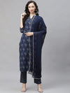 Ahika Women Navy Blue Floral Printed Regular Pure Cotton Kurta With Palazzos With Dupatta