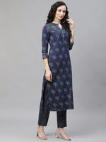 Ahika Women Navy Blue Floral Printed Regular Pure Cotton Kurta With Palazzos With Dupatta