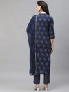 Ahika Women Navy Blue Floral Printed Regular Pure Cotton Kurta With Palazzos With Dupatta