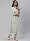 Ahika Women White Navy Blue Ethnic Printed Pure Cotton Kurta With Trousers Dupatta