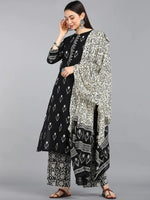 Ahika Women Black Beige Ethnic Motifs Printed Pure Cotton Kurta With Palazzos Dupatta Set