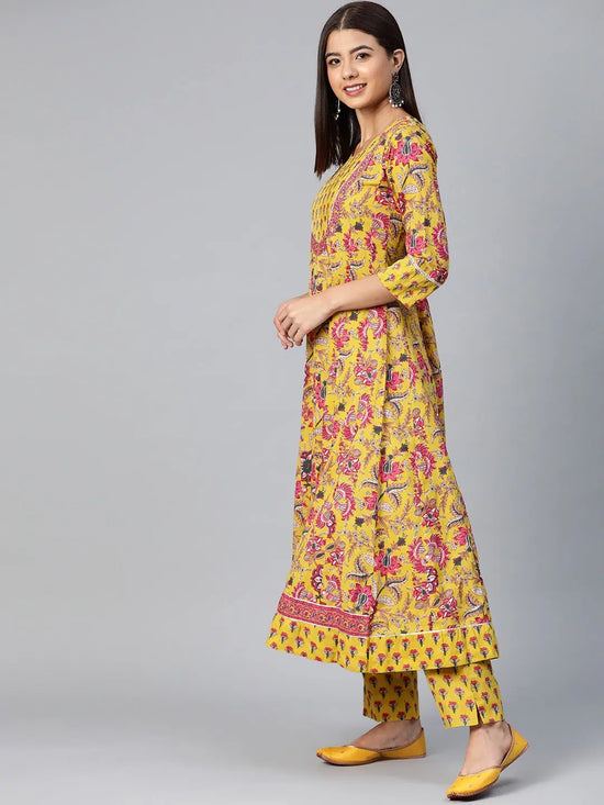 Ahika Women Yellow Ethnic Motifs Printed Regular Pure Cotton Kurta With Trousers