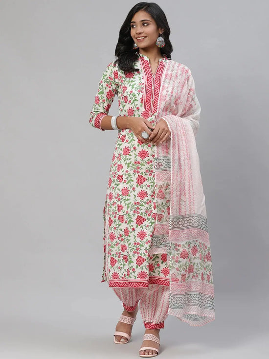 Ahika Women White Pink Ethnic Printed Pure Cotton Kurta With Salwar With Dupatta