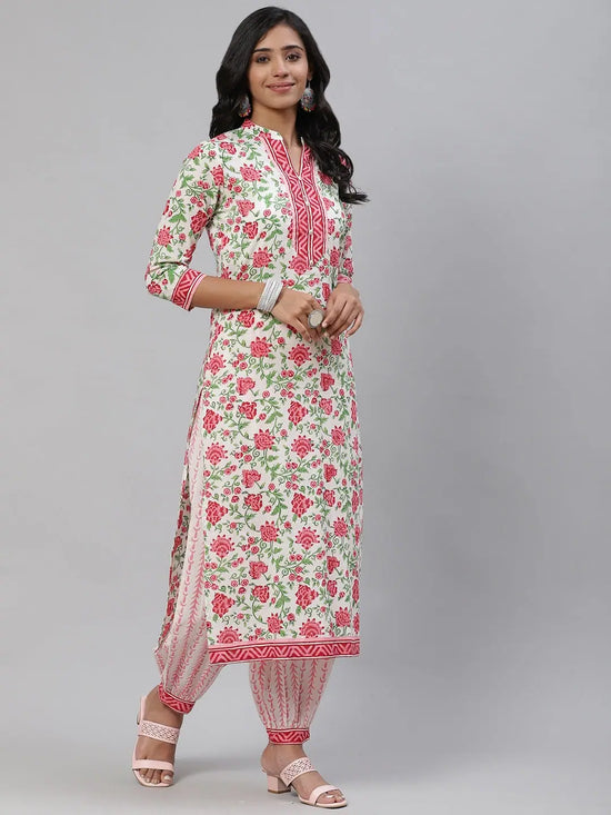 Ahika Women White Pink Ethnic Printed Pure Cotton Kurta With Salwar With Dupatta