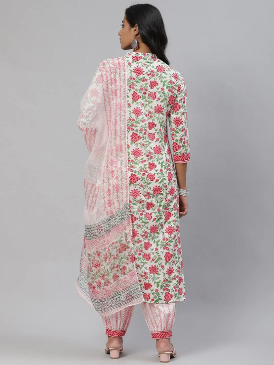 Ahika Women White Pink Ethnic Printed Pure Cotton Kurta With Salwar With Dupatta