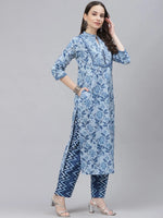 Ahika Women Blue Ethnic Motifs Print Pure Cotton Kurta With Trousers Dupatta