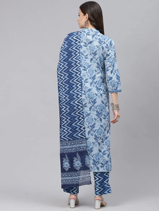 Ahika Women Blue Ethnic Motifs Print Pure Cotton Kurta With Trousers Dupatta