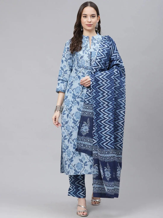 Ahika Women Blue Ethnic Motifs Print Pure Cotton Kurta With Trousers Dupatta