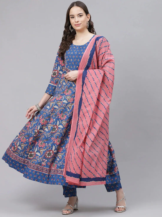 Ahika Women Blue Pink Ethnic Motifs Print Pure Cotton Kurta With Trousers Dupatta