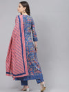 Ahika Women Blue Pink Ethnic Motifs Print Pure Cotton Kurta With Trousers Dupatta