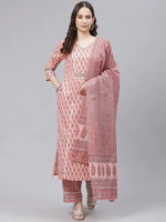 Ahika Women Peach Coloured Green Printed Cotton Kurta With Trousers Dupatta