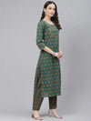 Ahika Women Teal Green Mustard Yellow Printed Cotton Kurta With Trousers Dupatta