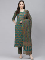 Ahika Women Teal Green Mustard Yellow Printed Cotton Kurta With Trousers Dupatta