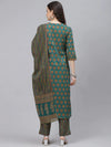 Ahika Women Teal Green Mustard Yellow Printed Cotton Kurta With Trousers Dupatta