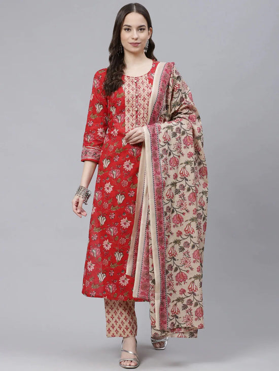 Ahika Women Red Cream Coloured Printed Cotton Kurta With Trousers Dupatta