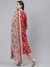 Ahika Women Red Cream Coloured Printed Cotton Kurta With Trousers Dupatta