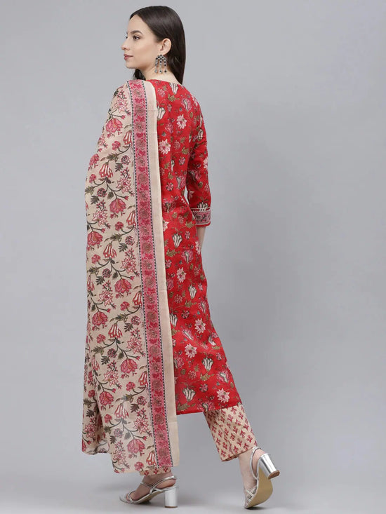 Ahika Women Red Cream Coloured Printed Cotton Kurta With Trousers Dupatta