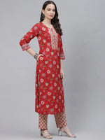 Ahika Women Red Cream Coloured Printed Cotton Kurta With Trousers Dupatta