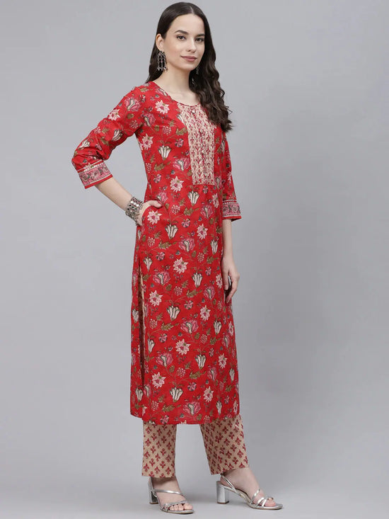 Ahika Women Red Cream Coloured Printed Cotton Kurta With Trousers Dupatta