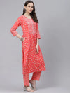 Ahika Women Peach Coloured White Bandhani Print Cotton Kurta With Trousers Dupatta