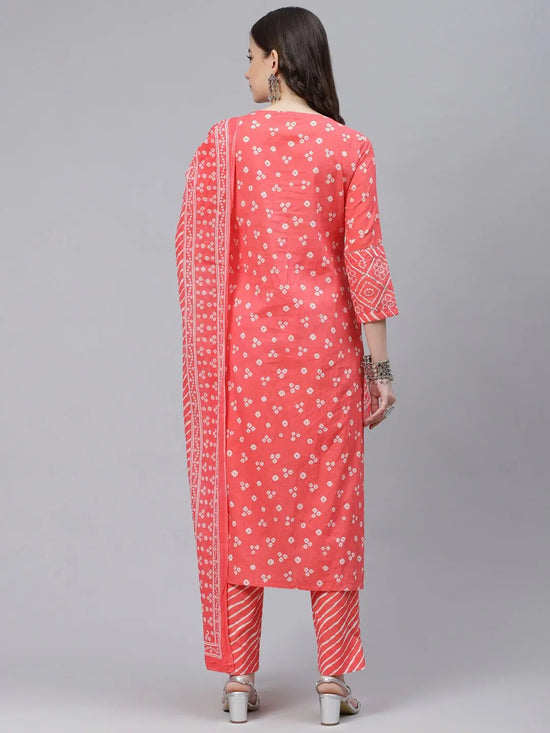 Ahika Women Peach Coloured White Bandhani Print Cotton Kurta With Trousers Dupatta