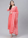 Ahika Women Peach Coloured White Bandhani Print Cotton Kurta With Trousers Dupatta