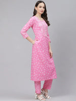 Ahika Women Pink White Bandhani Print Pure Cotton Kurta With Trousers Dupatta