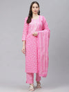 Ahika Women Pink White Bandhani Print Pure Cotton Kurta With Trousers Dupatta