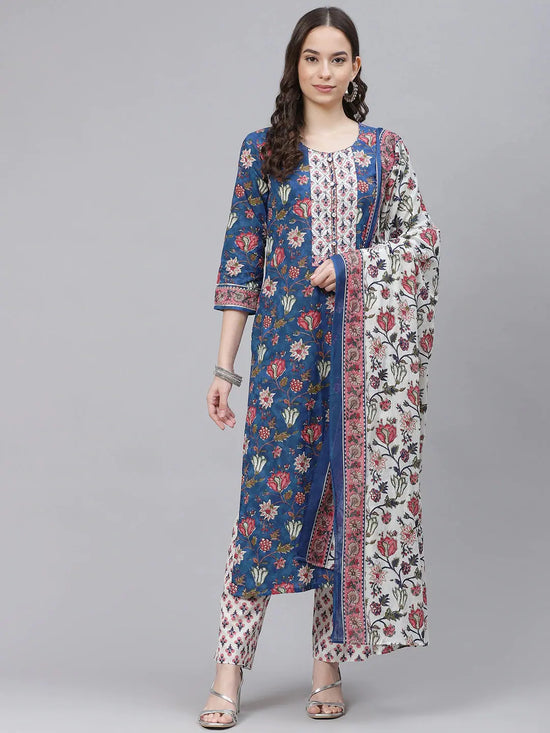 Ahika Women Blue White Ethnic Motifs Print Pure Cotton Kurta With Trousers Dupatta