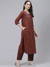 Ahika Women Rust Orange Navy Blue Printed Cotton Kurta With Trousers Dupatta