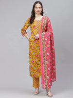 Ahika Women Mustard Yellow Pink Ethnic Motifs Print Cotton Kurta With Trousers Dupatta