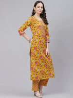 Ahika Women Mustard Yellow Pink Ethnic Motifs Print Cotton Kurta With Trousers Dupatta