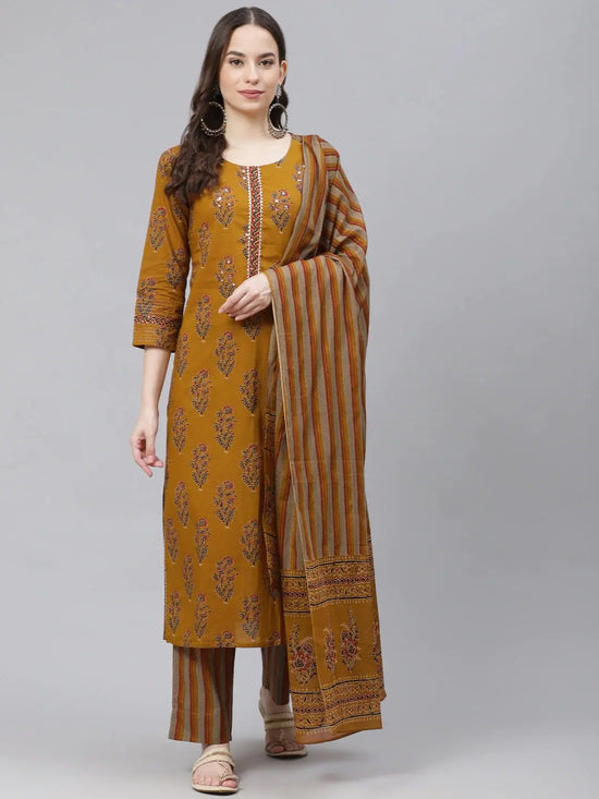 Ahika Women Olive Brown Rust Orange Printed Pure Cotton Kurta With Trousers Dupatta