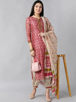 Ahika Women Coral Off White Floral Printed Pure Cotton Kurta With Salwar Dupatta Set