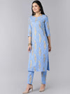 Ahika Women Blue Ethnic Motifs Printed Regular Pure Cotton Kurta With Trousers